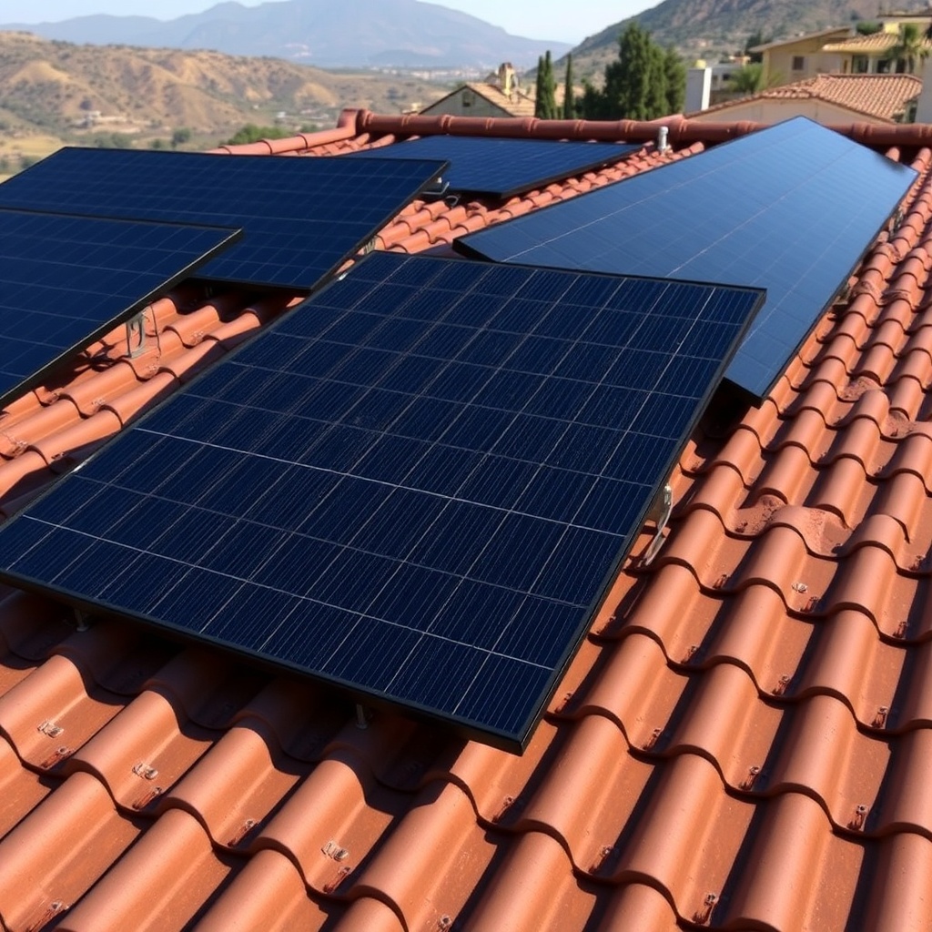 A photorealistic photo of a roof with multiple Canadian Solar CS6W-440 panels tilted at di