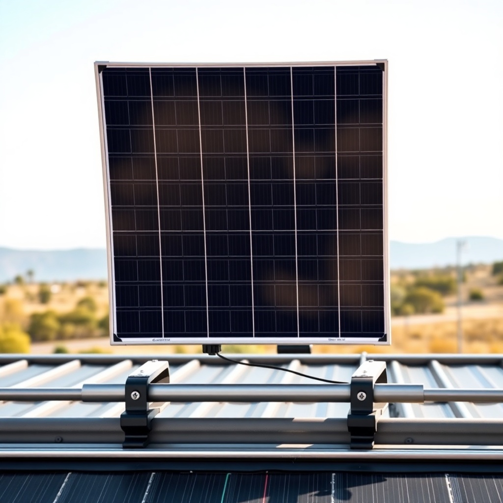 A clean photorealistic photo of a Canadian Solar CS6W-440 panel mounted on an adjustable-a