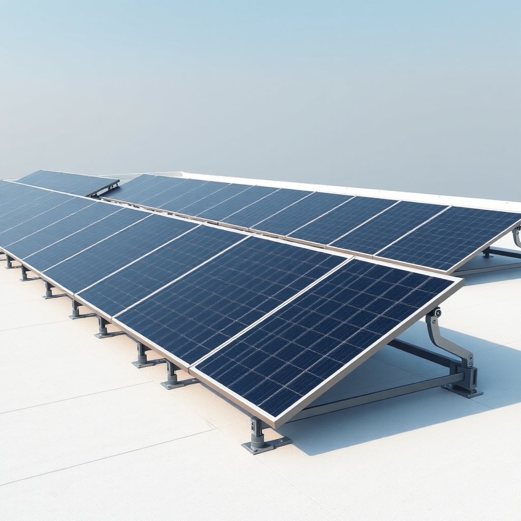 A clean photorealistic photo of a flat roof with multiple Canadian Solar CS6W-440 panels i
