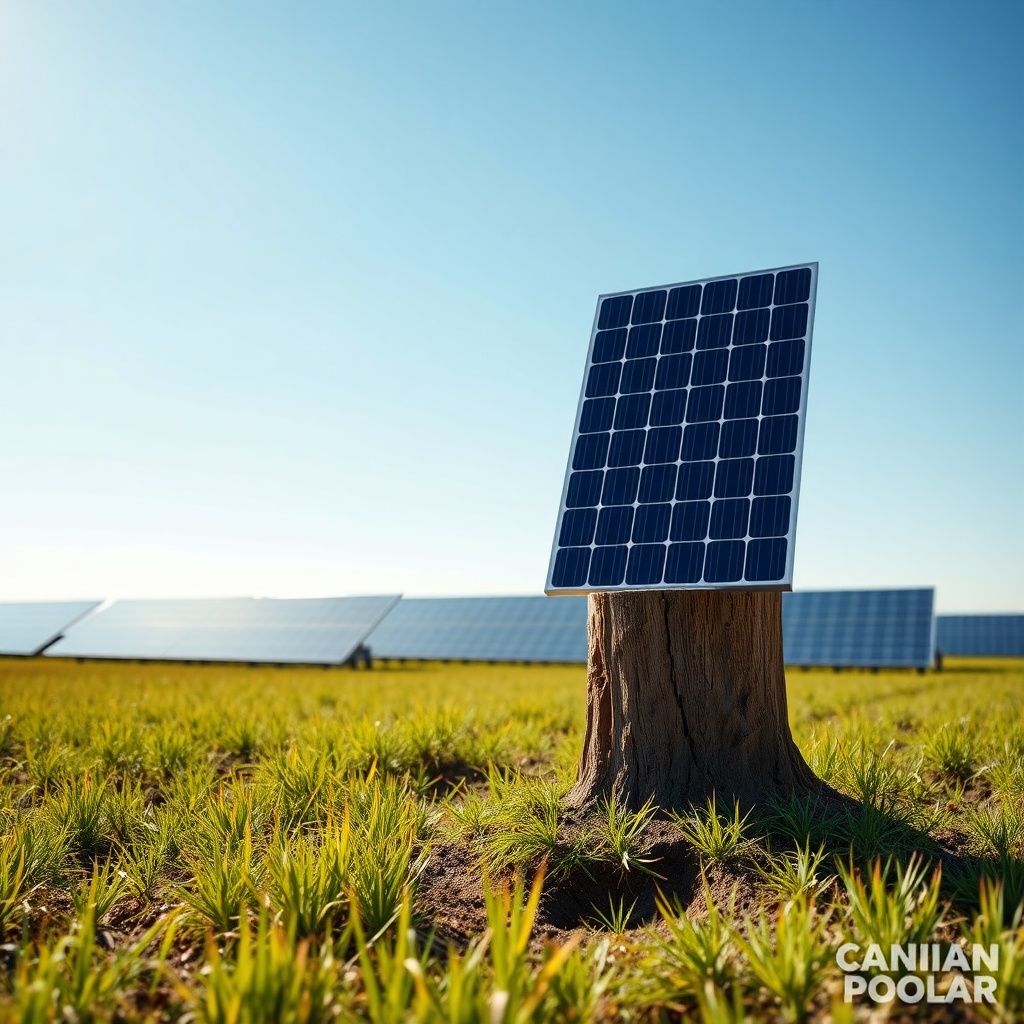 <photorealistic photo of a sunny field with a wooden stake marking the future location of