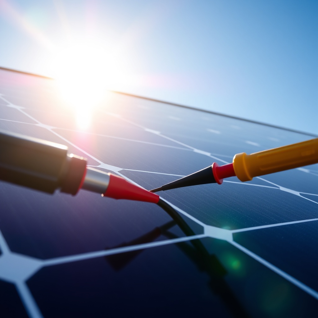 <close-up of a Canadian Solar CS6W-440 panel with a multimeter probe touching the MC4 conn