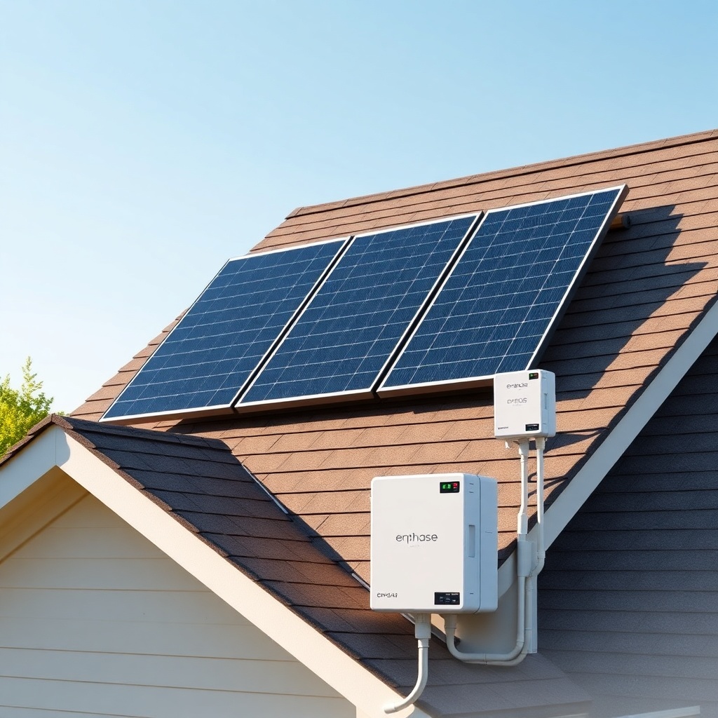 A clean photorealistic photo of a residential roof installation with three Canadian Solar
