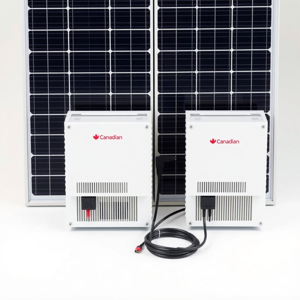 <clean photorealistic photo of two microinverters beside a Canadian Solar CS6W-440 panel