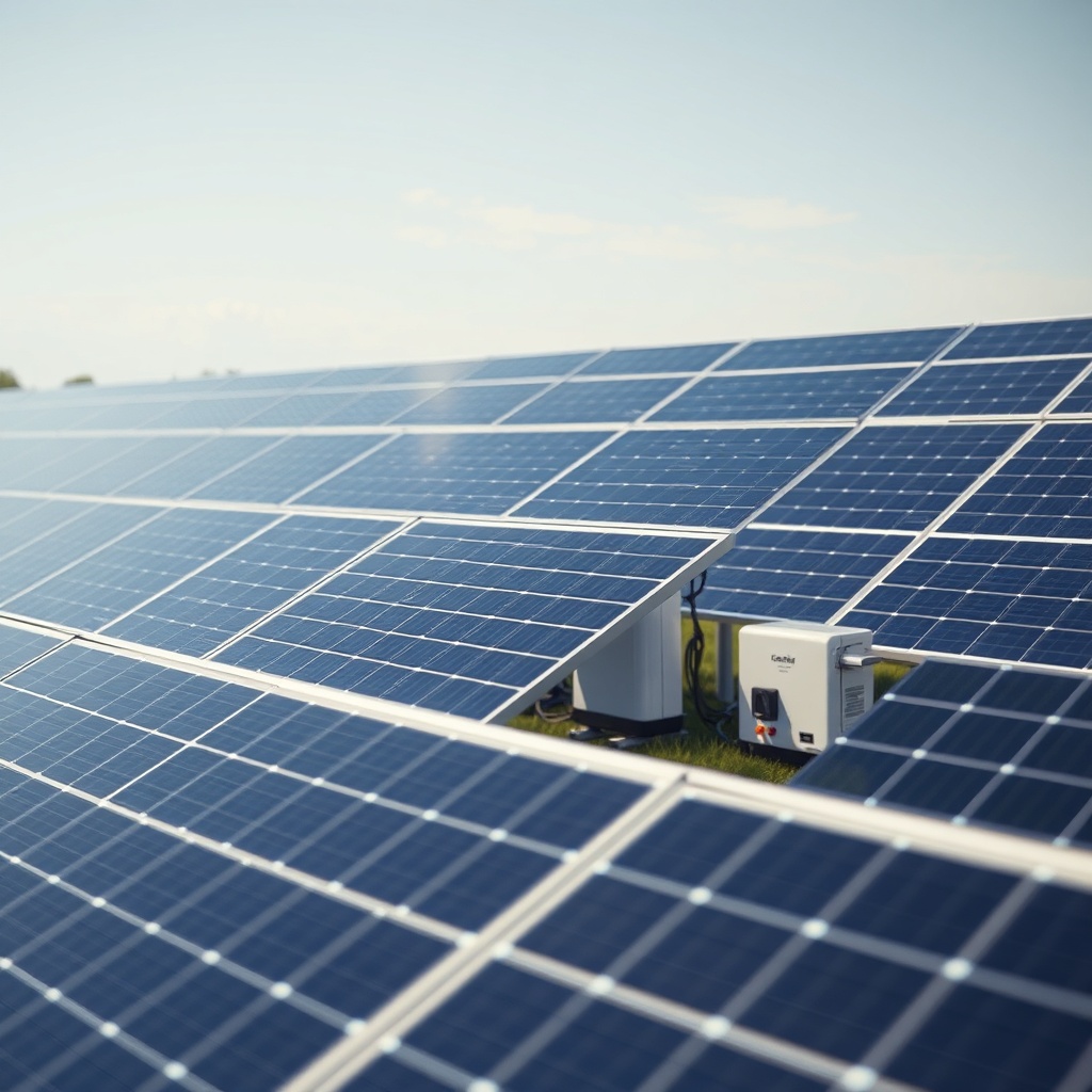 <clean photorealistic photo of a solar panel field with microinverters installed under pan