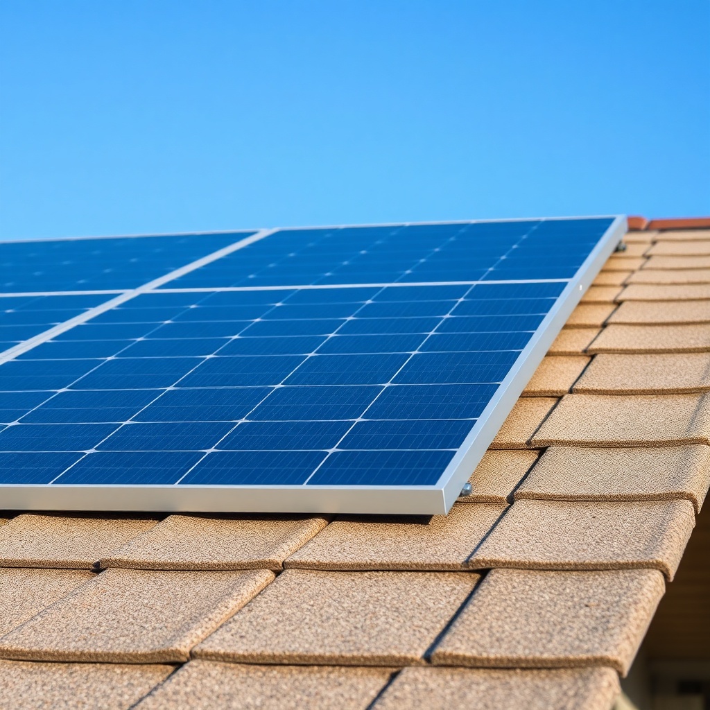A photorealistic close-up shot of a Canadian Solar CS6W-440 monokristal panel on a residen