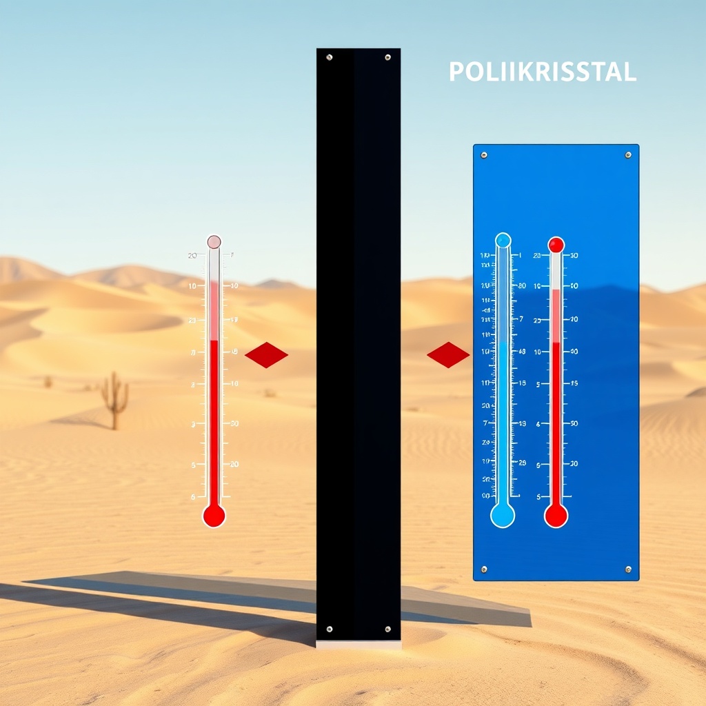 A photorealistic side-by-side comparison of a monokristal panel (black) and a polikristal