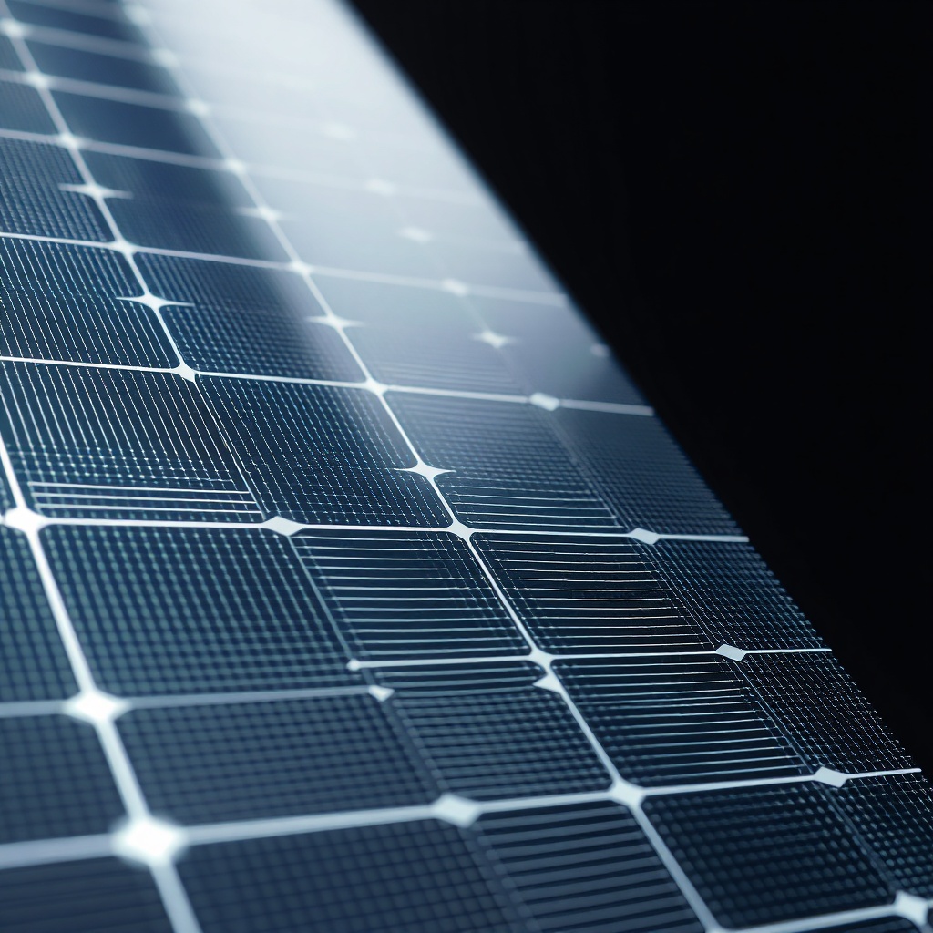 A photorealistic close-up of a half-cut monocrystalline solar cell surface showing busbars