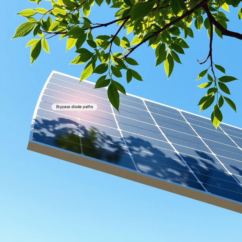 A photorealistic illustration showing a solar panel partially shaded by a tree branch with