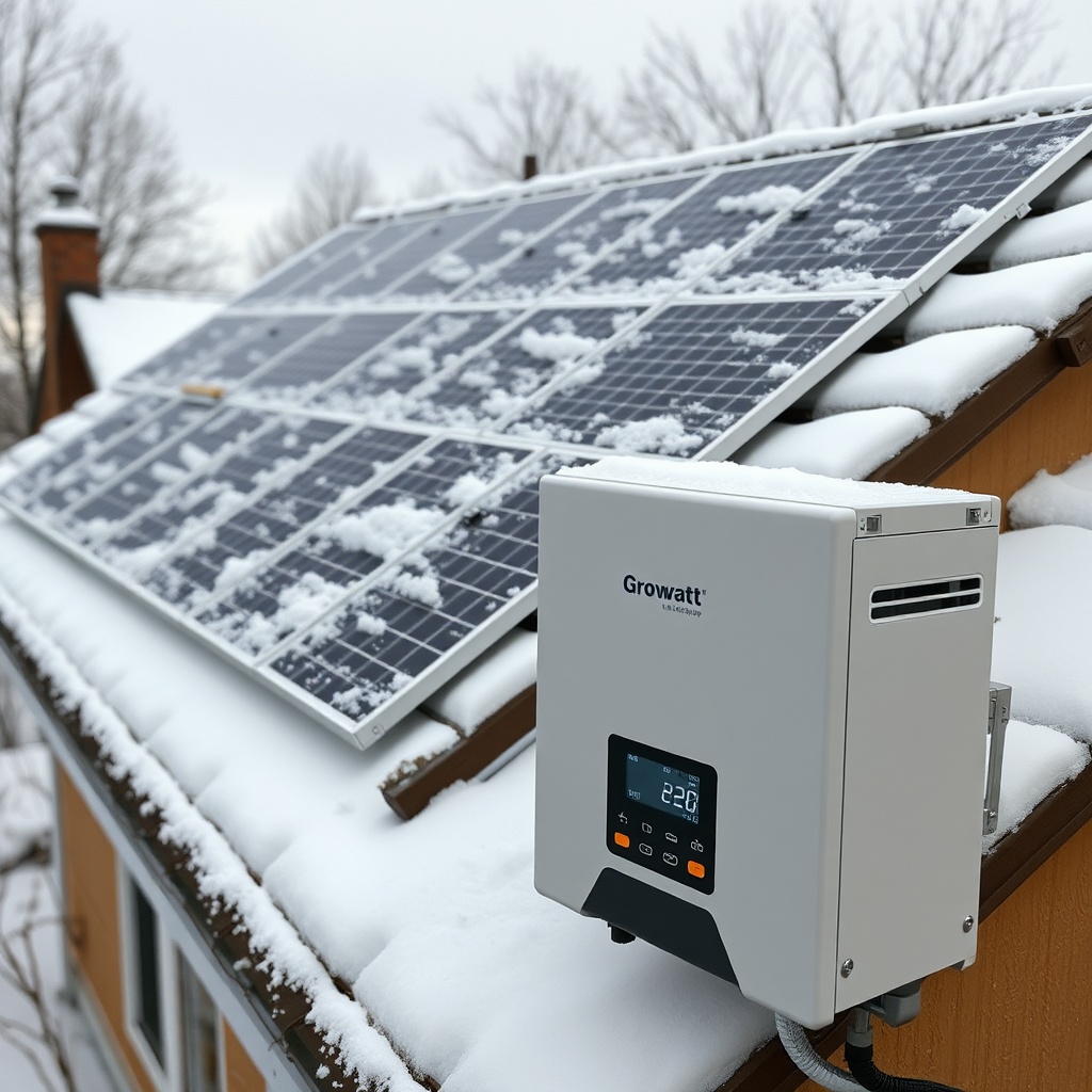 A photorealistic photo of a snow-covered solar panel array on a residential roof