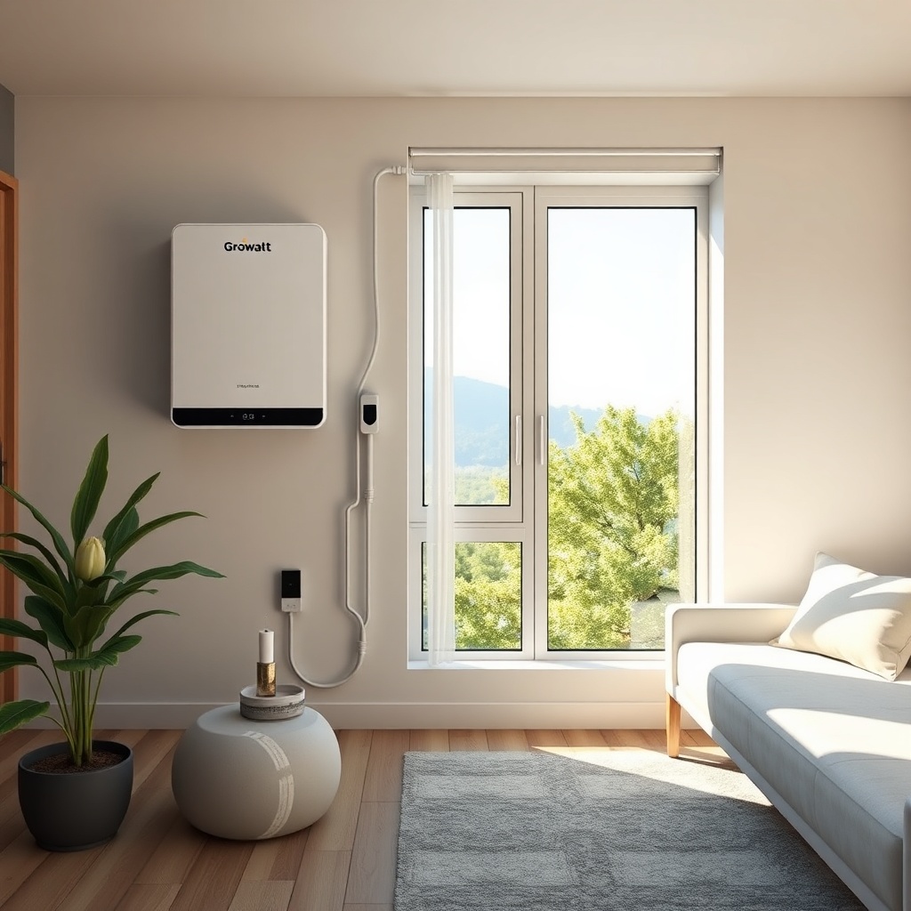 Modern bir evin duvarında montajlı Growatt MIN 3000TL-X invertörü