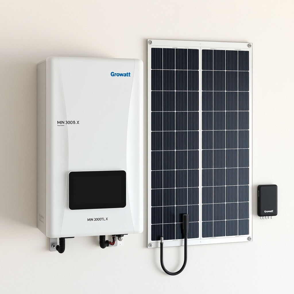 Clean photorealistic photo of Growatt MIN 3000TL-X inverter mounted on a wall