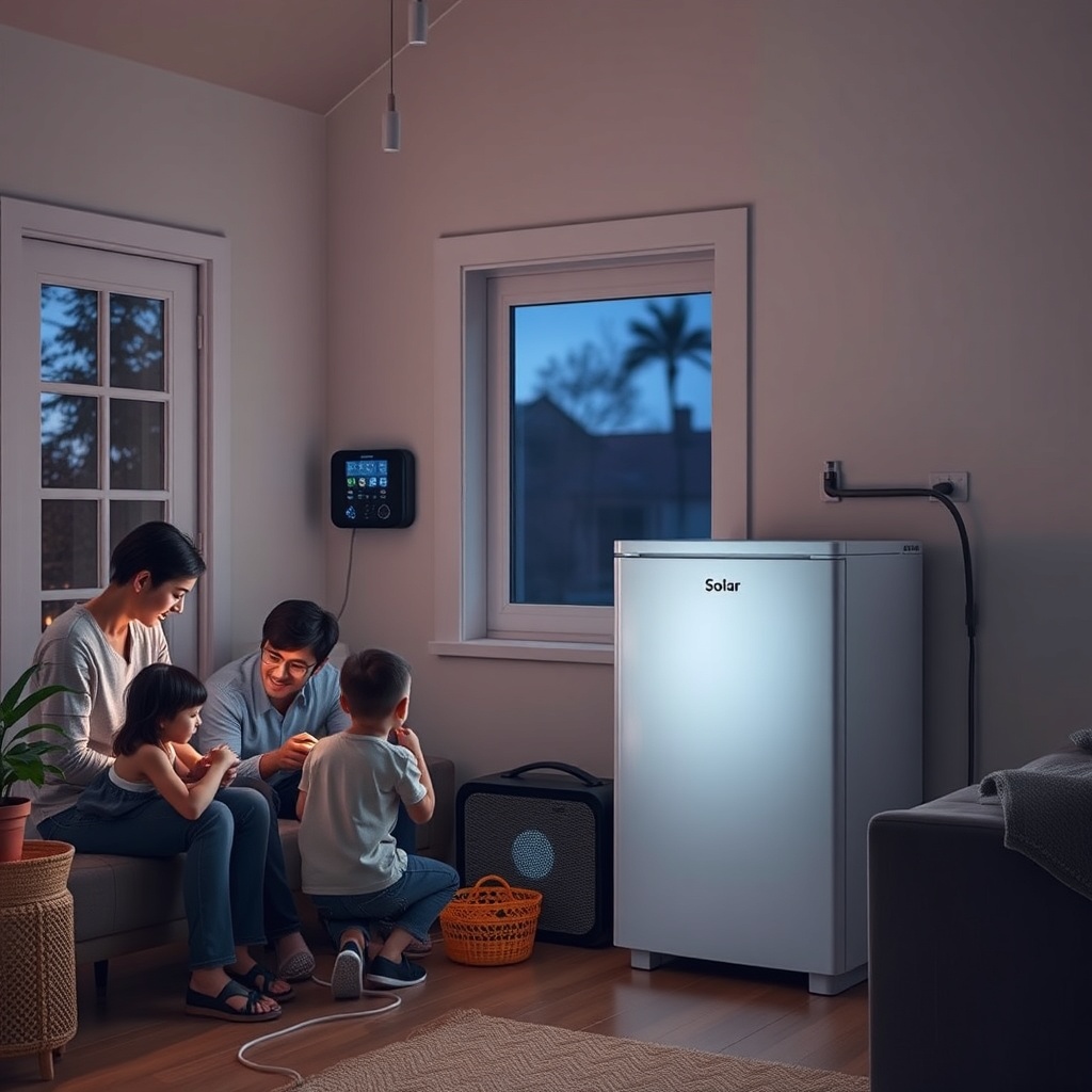 <clean photorealistic photo of a solar inverter connected to a battery bank in a home sett