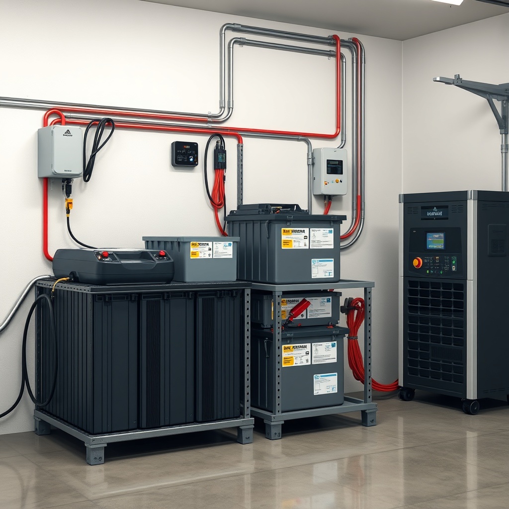 <clean photorealistic photo of a battery rack with various lithium battery modules connect