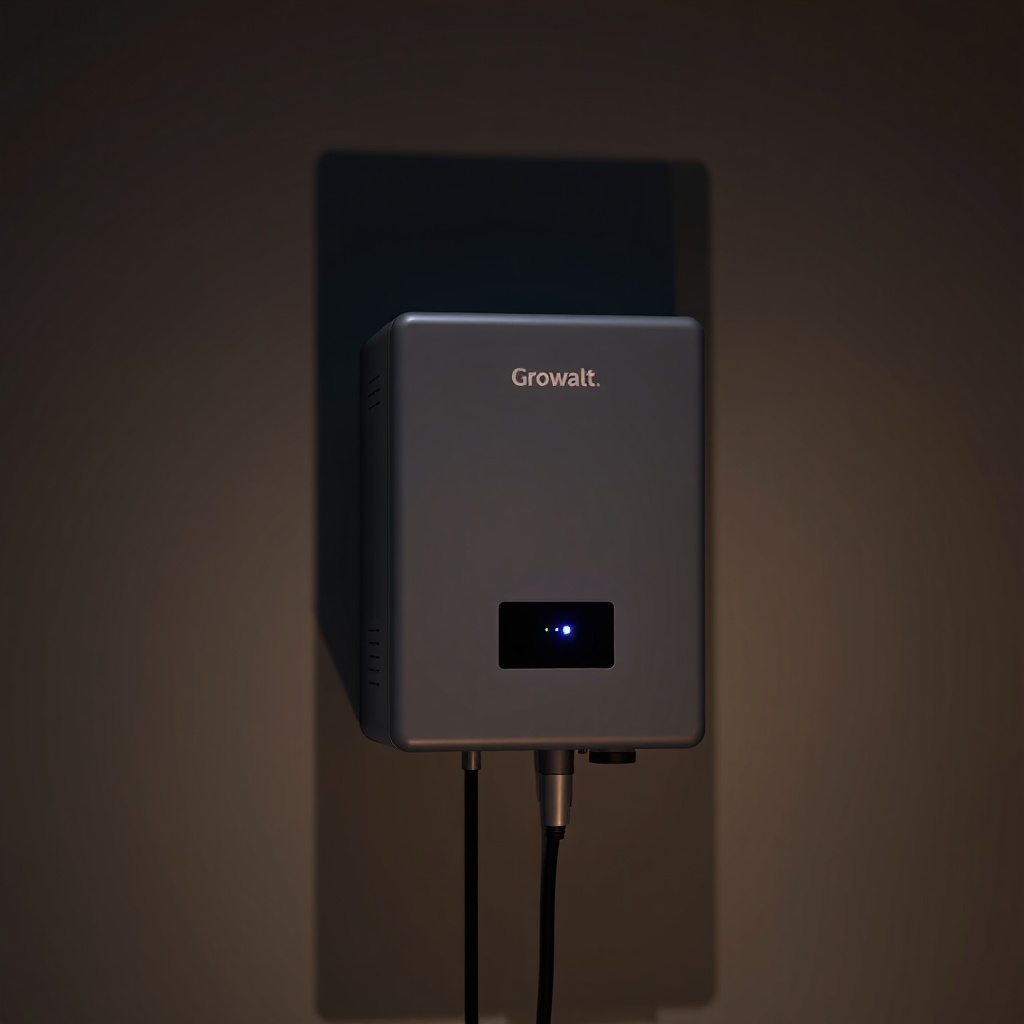 A clean photorealistic photo of Growatt MIN 3000TL-X inverter mounted on a wall at night
