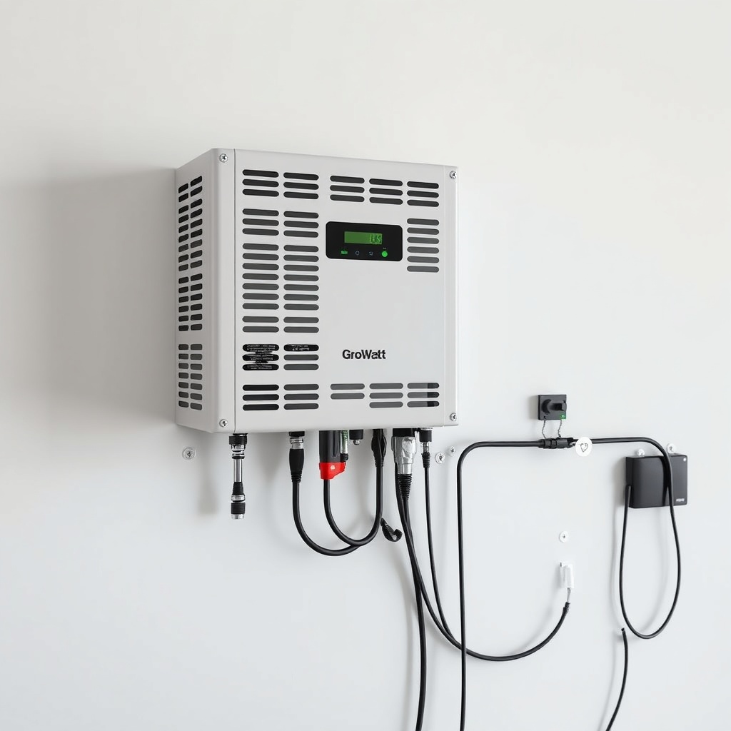 A clean photorealistic photo of a Growatt MIN 3000TL-X inverter mounted on a white wall wi