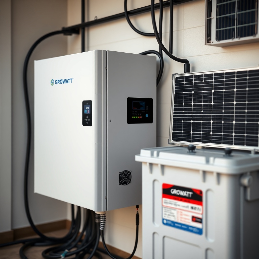 A photorealistic close-up of a Growatt MIN 3000TL-X inverter connected to a lithium batter