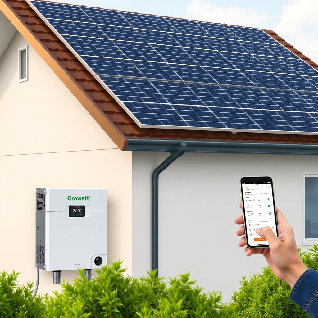 A photorealistic illustration of a solar panel array on a roof feeding into a Growatt MIN