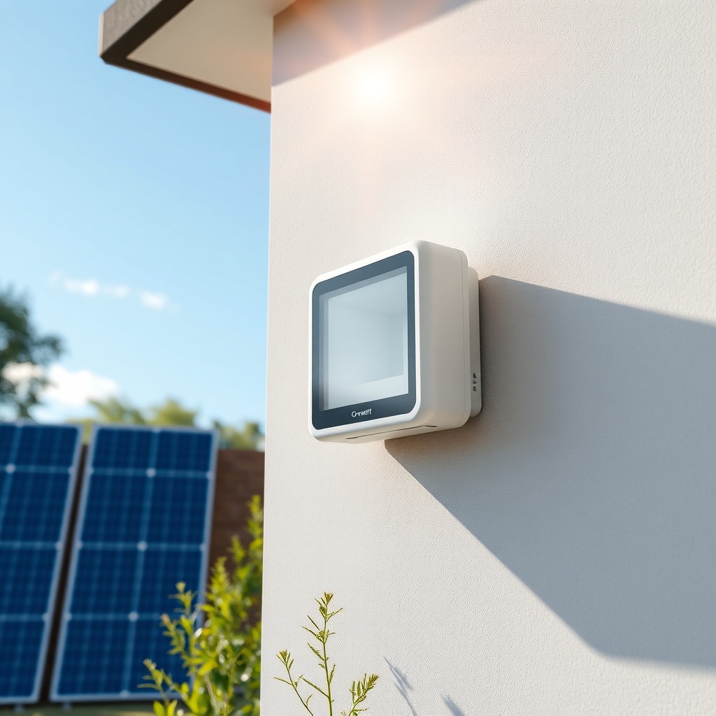 <clean photorealistic photo of Growatt MIN 3000TL-X mounted on a wall under direct sunligh
