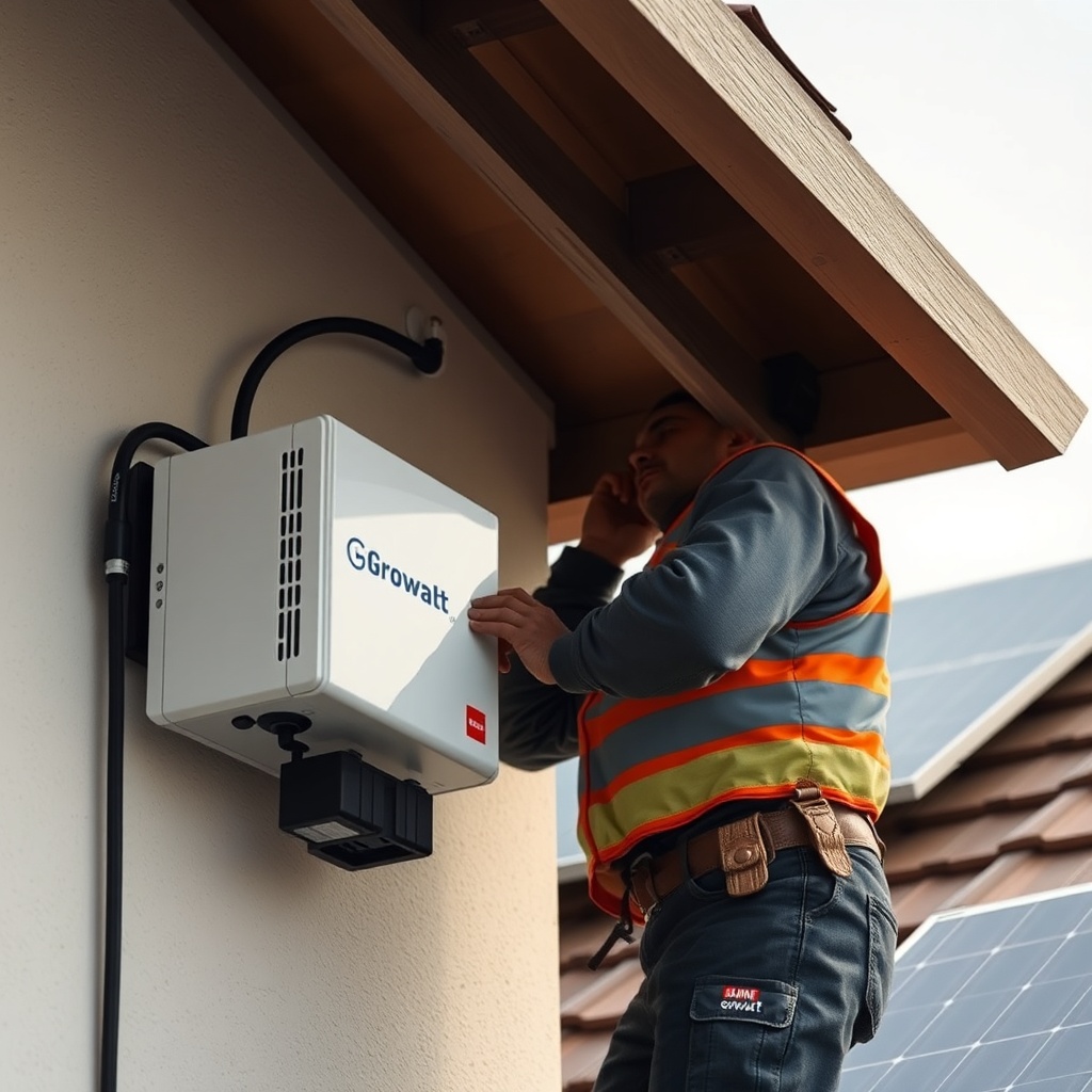 <clean photorealistic photo of a technician installing Growatt MIN 3000TL-X under a shaded
