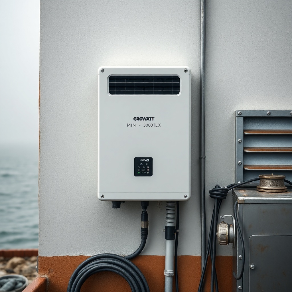<clean photorealistic photo/illustration of Growatt MIN 3000TL-X inverter mounted on a wal