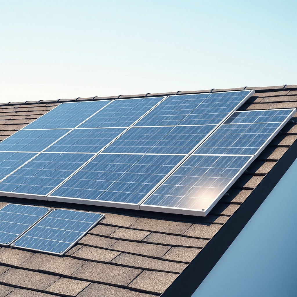 A photorealistic shot of LG NeON R 365W solar panels installed on a modern roof under brig