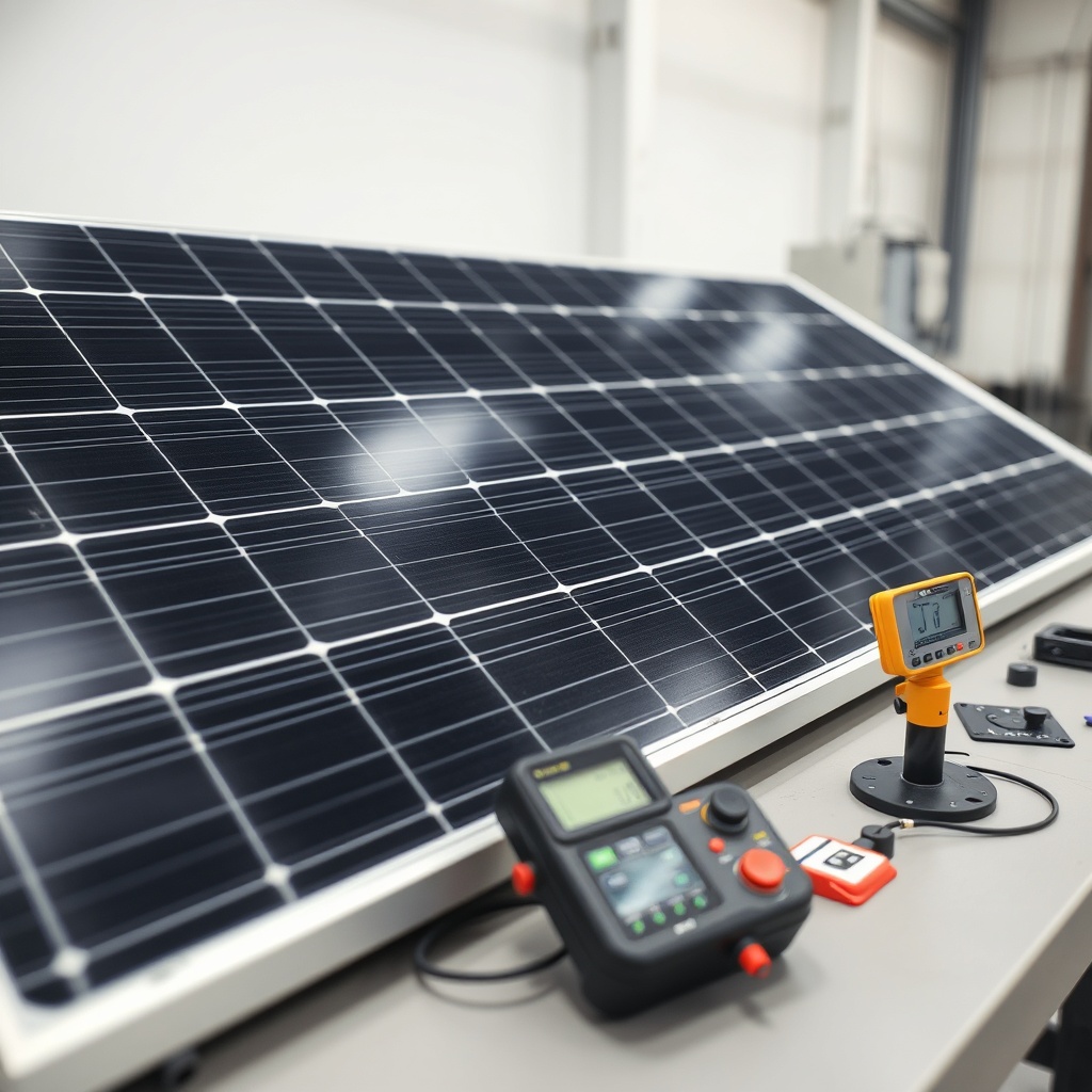 A close-up photorealistic photo of LG NeON R 365W solar panel on a test bench with measure