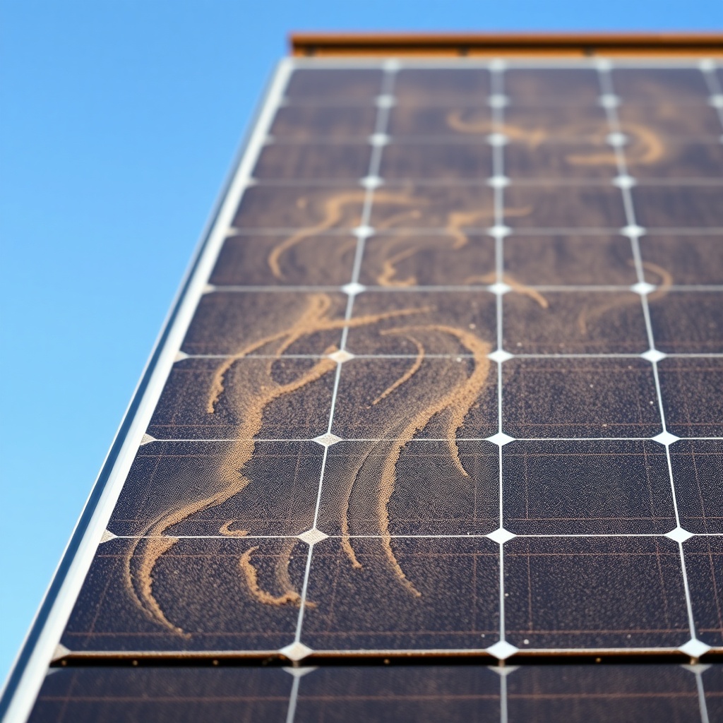 A photorealistic close-up of a residential rooftop solar panel partially covered with a th