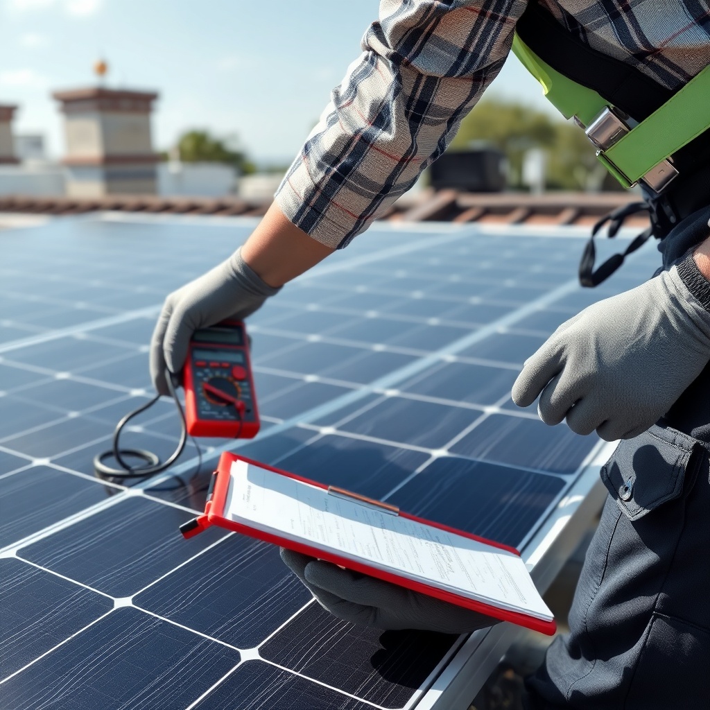 A photorealistic shot of a solar panel being inspected by a technician wearing gloves