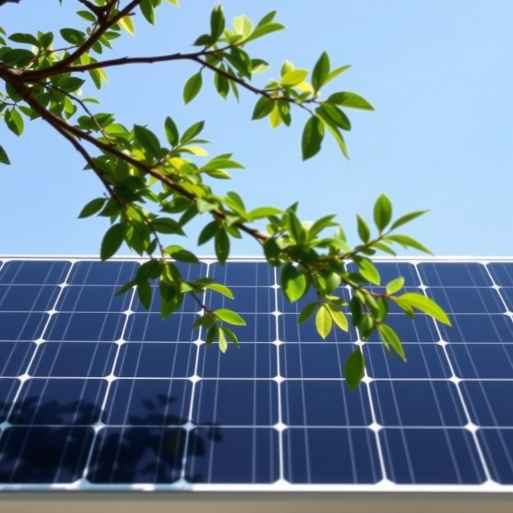 <clean photorealistic photo of a solar panel partially shaded by a tree branch