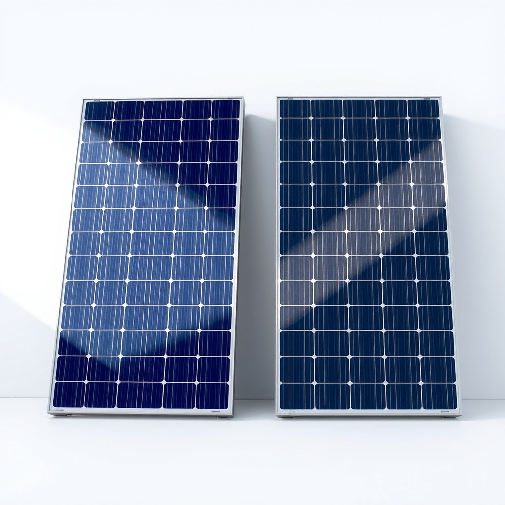 <clean photorealistic photo showing two solar panels side by side