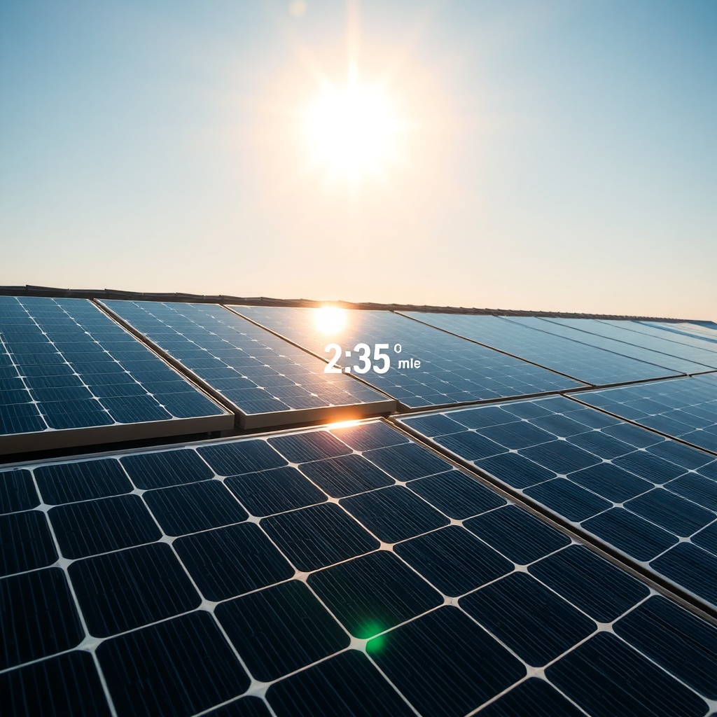 Close-up of a rooftop solar panel installation showing LG NeON R panels under bright sunli