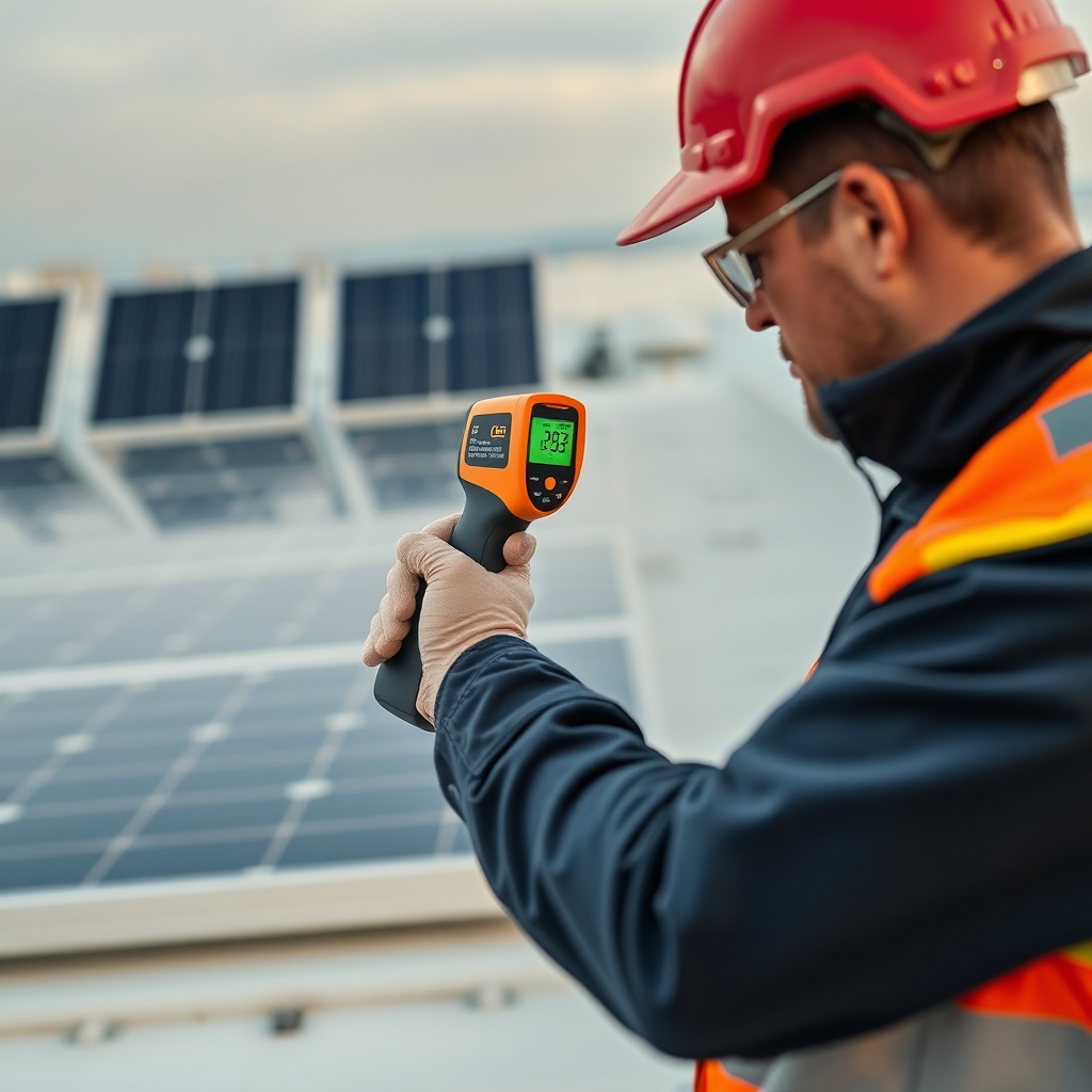 A realistic photo of a technician measuring panel temperature with infrared thermometer on
