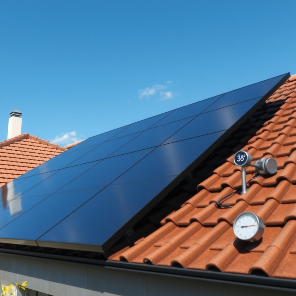 A photorealistic wide-angle shot of LG NeON R 365W panels installed on a residential roof