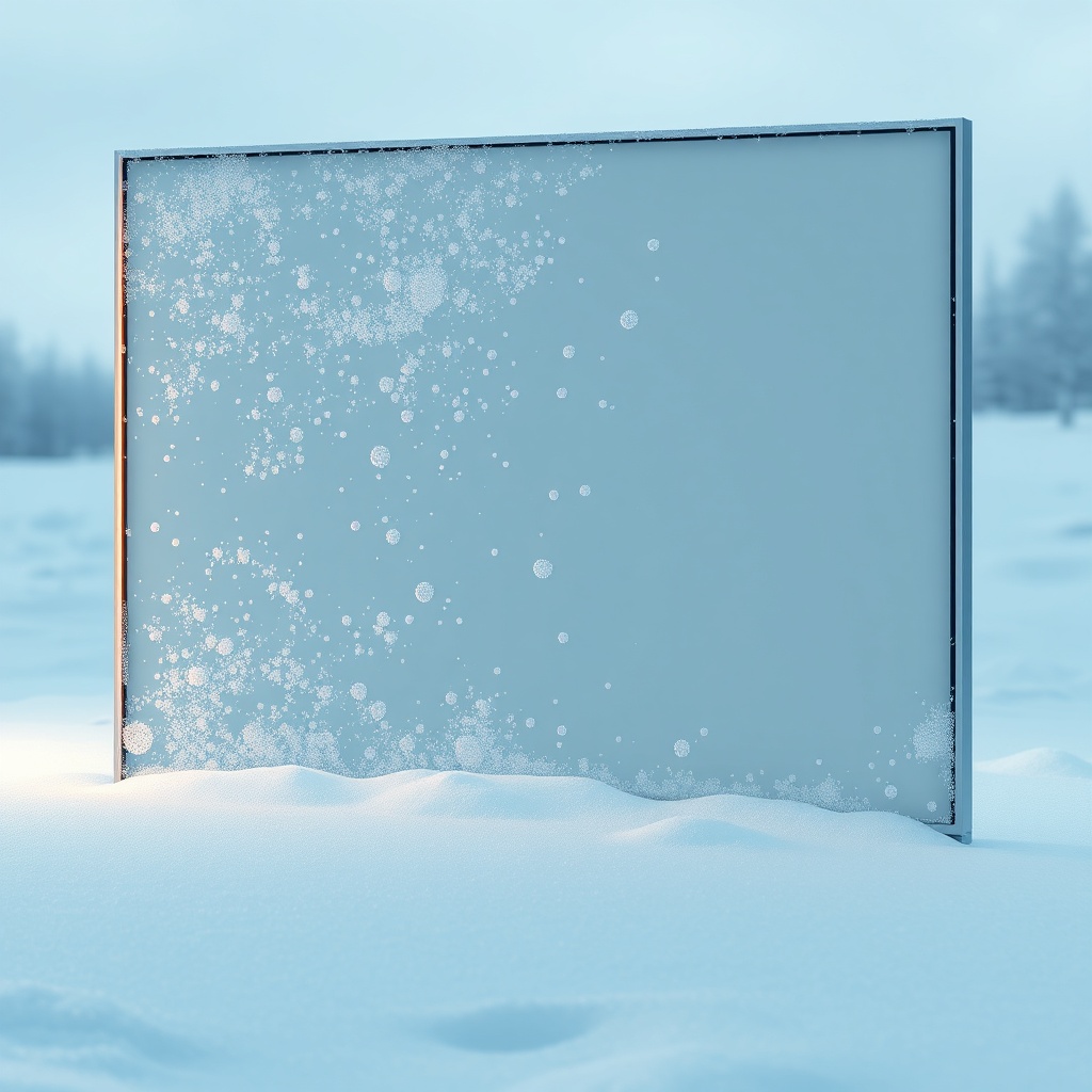 <clean photorealistic photo of snowy LG NeON R 365W panel with frost and dust mixture on s