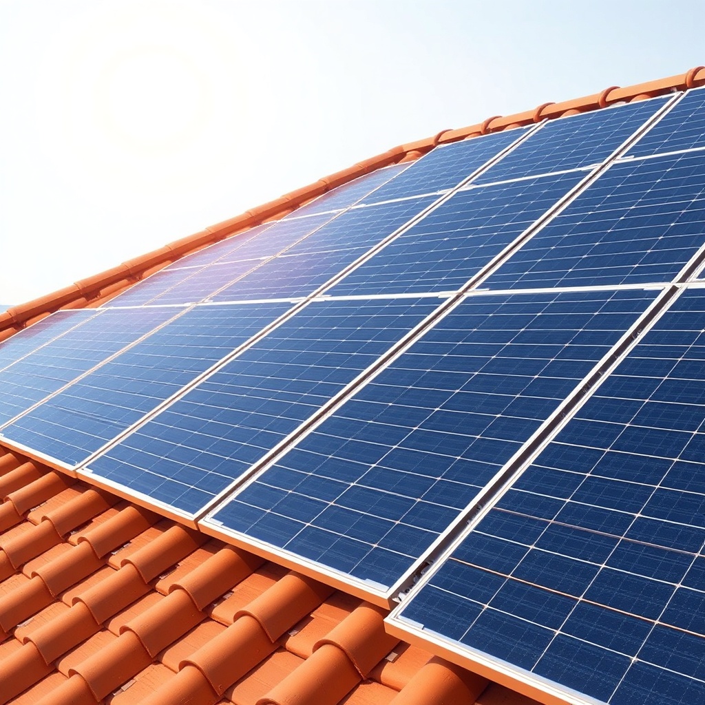 <A solar panel array on a terracotta roof in Turkey