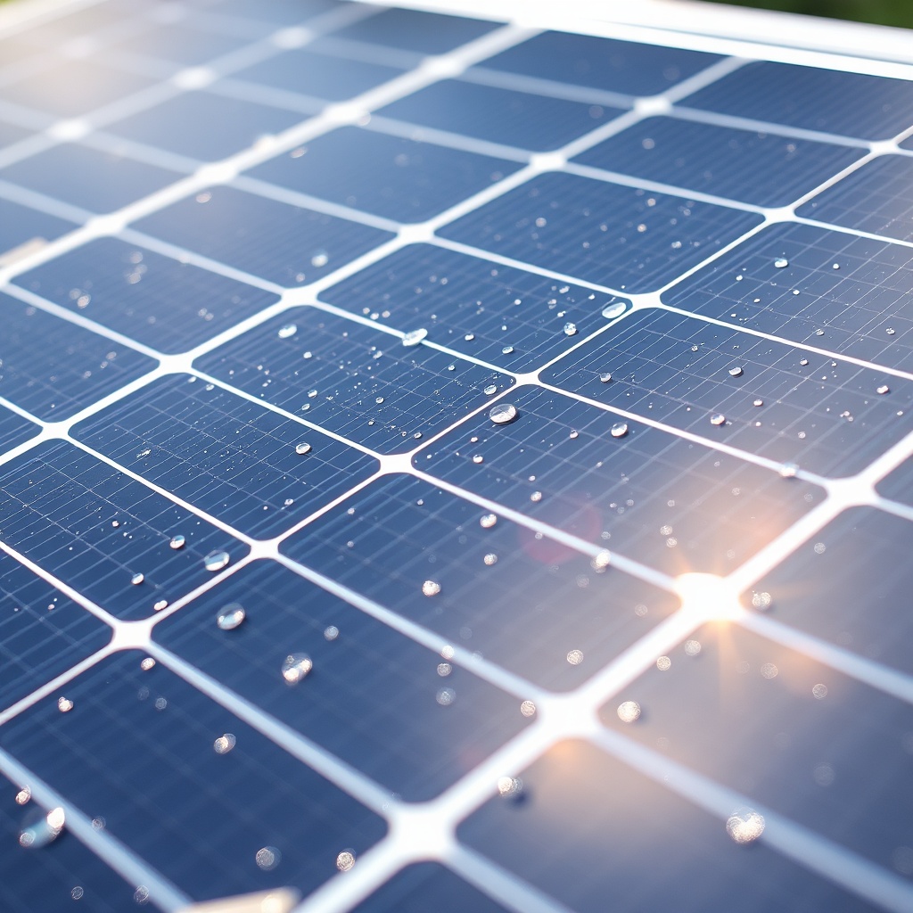 <A close-up view of a clean solar panel with droplets of water